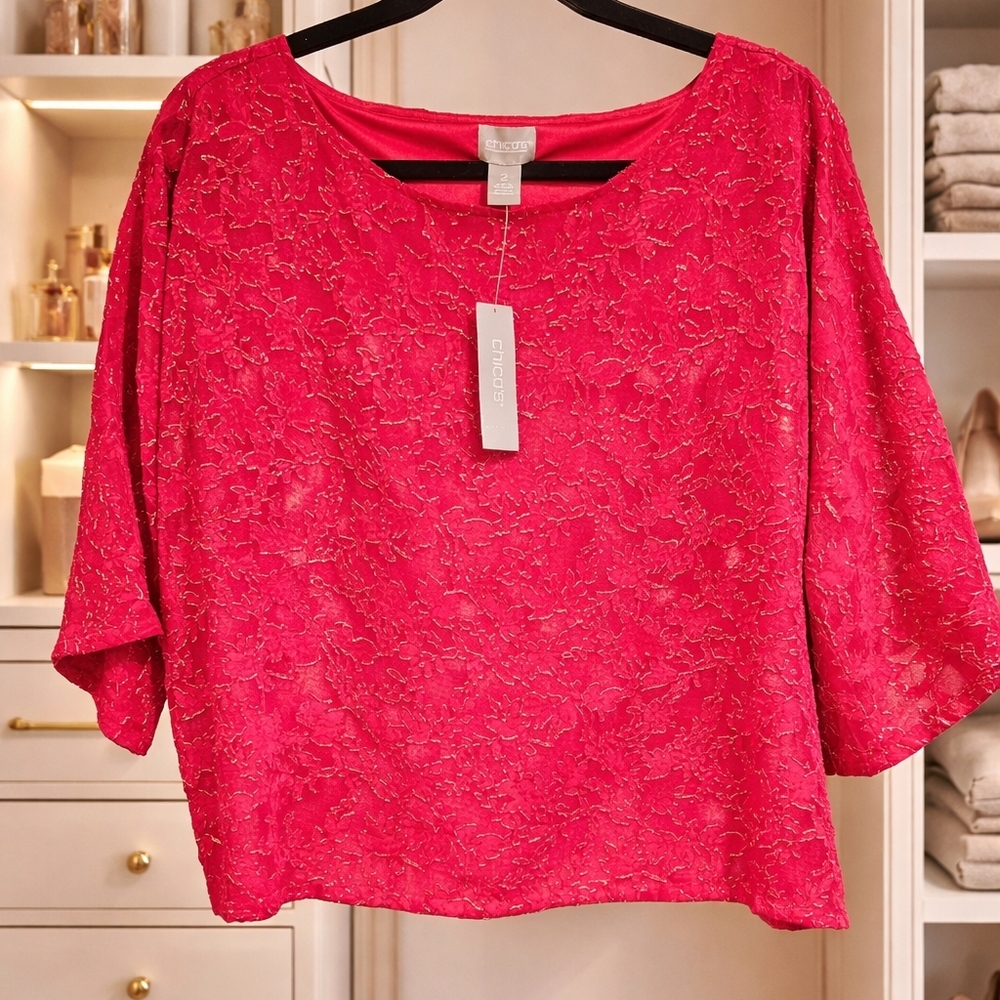 Chico's Vibrant Red & Gold Blouse